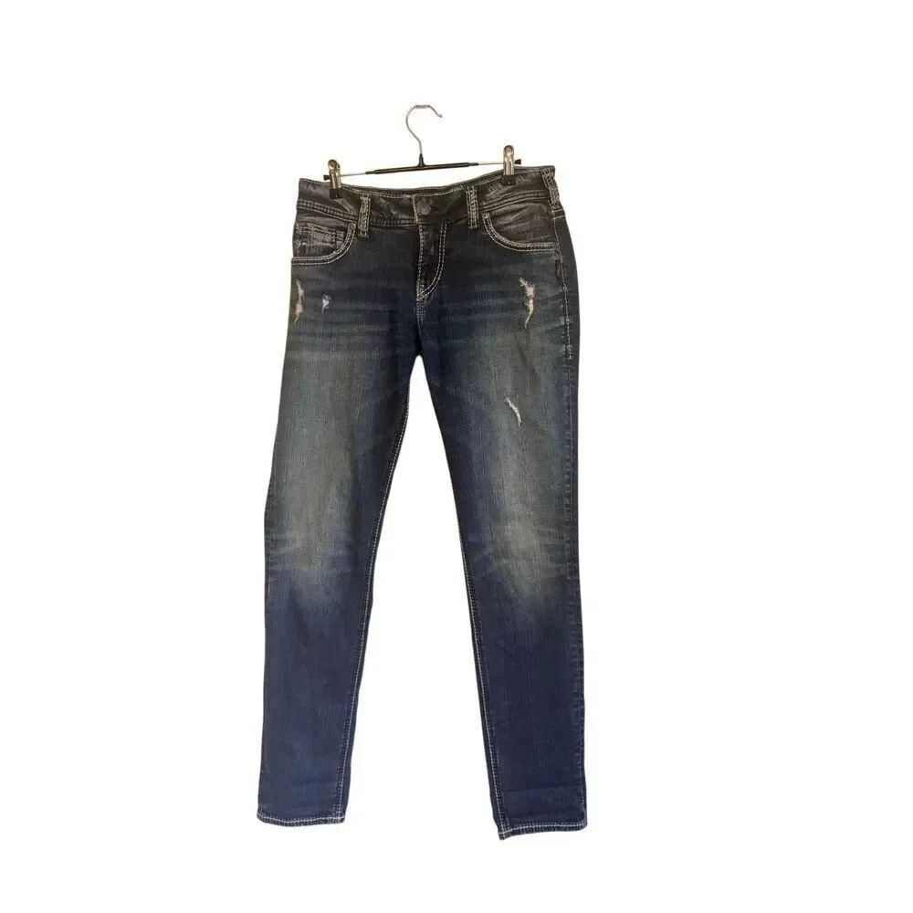 Silver Jeans Co Girlfriend Jeans Womens 28x29 Medium Wash Distressed Stretch Den